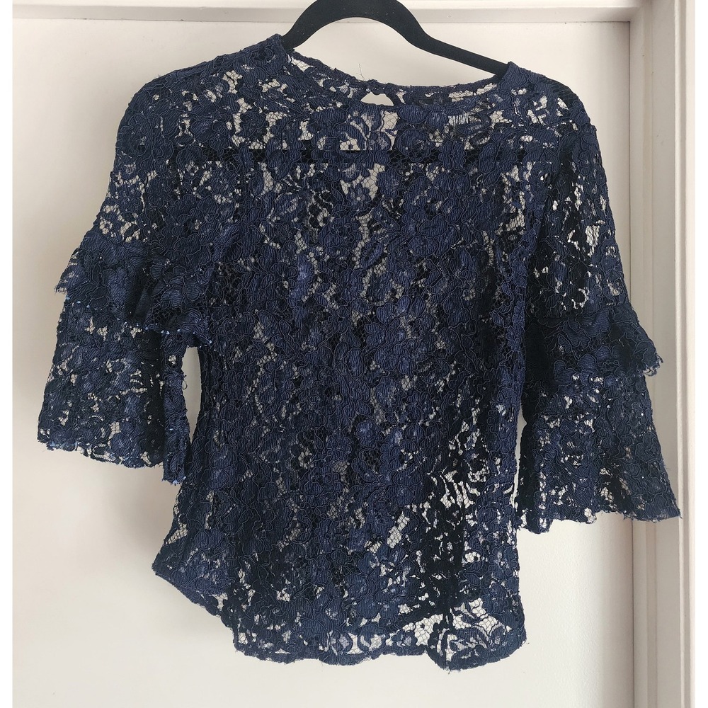 Reformation Blouse XS Navy Blue Floral Lace 3/4 Sleeve Romantic Formal Top